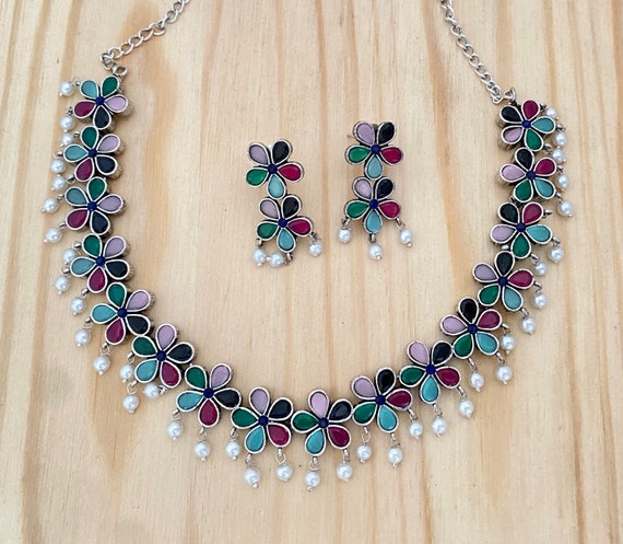 Oxidized Silver Necklace,Ruby Green Stones Oxidised Necklace,Indian Bollywood Necklace,Lightweight Oxidized Earrings,Peacock Necklace