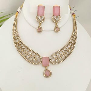 Gold Plated Choker Necklace Set,Lightweight Earrings,Sparkling American Diamond (AD) Stones, Victorian Style Indian Wedding Set,Gift for Her