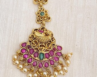 Kemp Stone Maang Ka Tikka, Ruby,Green Kempu Stone Gold Plated,Antique finish Tikka,Forehead Jewelry,South Indian Jewelry,Jhoomar