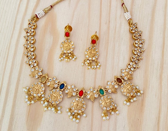 Matte Gold Finish Multi color Navratna Necklace With Lightweight Earrings bollywood Indian Ethnic Jewelry ad Stone Wedding party Necklace Etsy