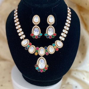 Sabyasachi Inspired Polki and Doublet Stone Multi Color Necklace with CZ Stones,Bridal Necklace,Indian,Pakistani Wedding Jewelry,Earrings