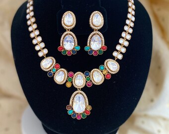 Polki Bridal Necklace Set with Earrings | Multi Color CZ Doublet Stones | Indian Pakistani Wedding Jewelry | Sabyasachi Inspired Gift Her
