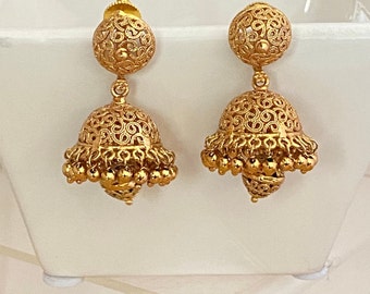 Gold Finish,Antique Look Jhumka Earrings,Indian Bollywood Earrings,South Indian traditional  Jhumki Ethnic Earrings,Pearl/Gold Bead Jhumki