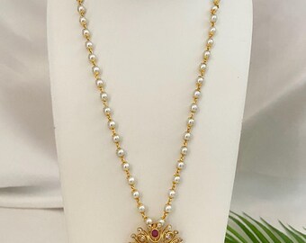 Peacock Pearl Necklace,Gold Plated AD/CZ Peacock Pendant,Ruby-Green Stone,AD Stud Earrings,South Indian Necklace,Bollywood Jewelry,Teen Set
