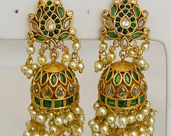 Gold Plated Jhumka Earrings, Ruby Green Kemp Stone, Pearl Dangle Ethnic Style,South Indian,Bollywood Jhumki,Lotus Design