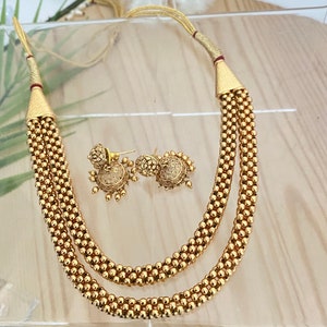 Maharashtrian Thushi Traditional Necklace,Gold Tone,Antique looking,Gold Beads Indian Necklace,Lightweight Jhumka Earrings,Nauvari Necklace