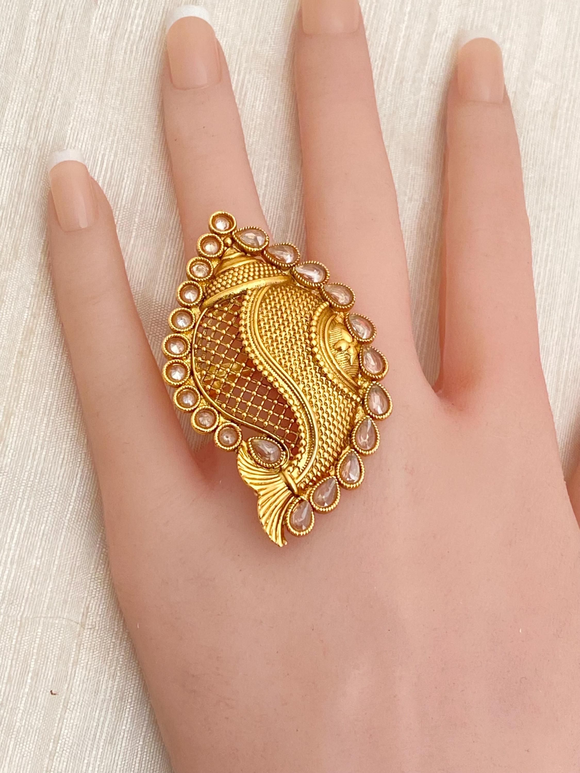 Gold Plated Adjustable Finger Ring Antique Finish Adjustable Indian Finger Ring Indian Wedding Jewelry Shankh Conch Design Finger Ring