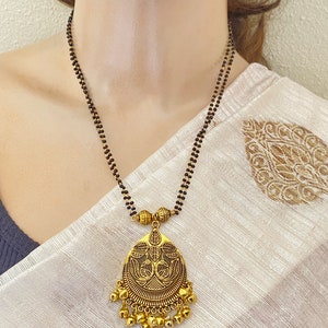 Gold Plated Mangalsutra Necklace,Black beads,Antique Finish Pendant,Small Mangalsutra,Indian Bollywood Jewelry,Indian Bridal Jewelry
