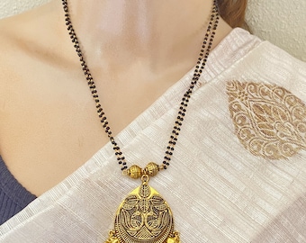 Gold Plated Mangalsutra Necklace,Black beads,Antique Finish Pendant,Small Mangalsutra,Indian Bollywood Jewelry,Indian Bridal Jewelry