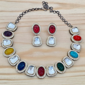 Sabyasachi Inspired Victorian Polki Stone Multi Color Necklace,CZ Diamond Bridal Necklace,Indian Wedding Jewelry,Earrings,Pakistani Jewelry