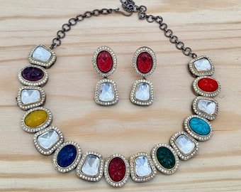 Polki Bridal Necklace Set with Earrings | Multi Color CZ Doublet Stones | Indian Pakistani Wedding Jewelry | Sabyasachi Inspired Gift Her