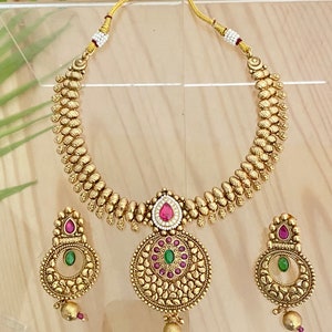 Gold Matte Finish Green Kemp Stone,Antique Finish,American Diamond,AD,Statement Necklace,Earrings,South Indian Jewelry,Bollywood Fashion Set