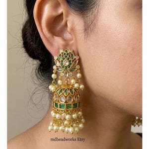 Gold Plated Jhumka Earrings, Ruby Green Kemp Stone, Pearl Dangle Ethnic Style,South Indian,Bollywood Jhumki,Lotus Design
