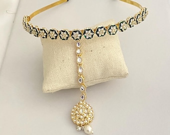 Soft Gold-Plated Kundan Headband with Attached Tikka | 2-in-1 Pearl Drop  Matha Patti Indian Bridal Hair Jewelry, White Enamel CZ Hairband