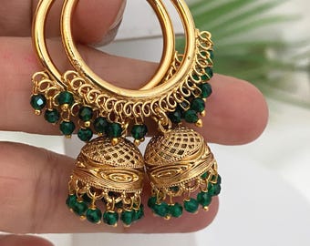 Gold Finish Antique Look Bali/Hoop Jhumka Earrings,Bollywood Jewelry,South Indian /Punjabi Jhumka/Jhumki,Green,Ruby Beads,Statement Earrings