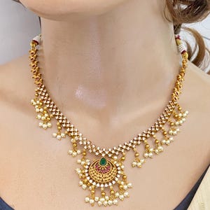 Matte Gold Finish,White AD,Ruby-Green Kemp Stone,Layered Haram Necklace,Matching Earrings,Traditional South Indian Wedding/Festival Jewelry