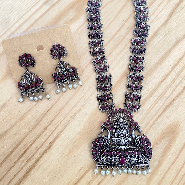 Oxidized Silver Set,Temple Pendant Necklace,Drop shaped Earrings,Ruby-Green,Multi Color Stones,Indian Bollywood Necklace,Oxidized Jewelry