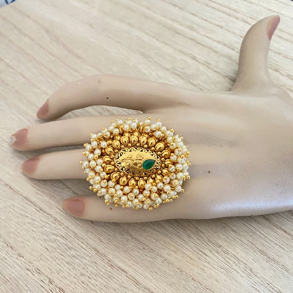 Gold Plated pearl Finger ring,Adjustable Indian Ring,Moti Ring,Clustered Pearl Ring,Indian Wedding Jewelry, Antique Finish,Pakistani Jewelry