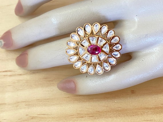 Elegant Gold Plated AD Ruby Emerald Stone Finger Ring|Kollam Supreme