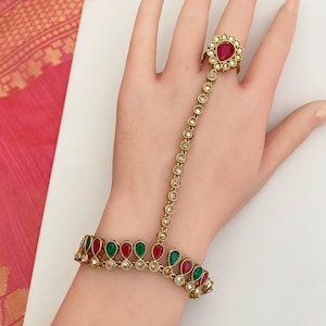 Gold Tone,Antique Finish,Haath Phool, Adjustable Finger Ring with Bracelets,Indian Wedding/Bridal Gift Jewelry,Ruby Stone Hand Bracelets