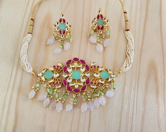 Pachi Kundan Jadau Choker Necklace,Kundan Jadau Earrings,Rajasthani Jewelry,Sabyasachi Inspired Jewelry,Ahmedabadi Multicolor Pachi Necklace