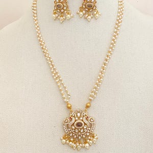 Gold Plated AD/CZ Peacock Pendant Necklace,Ruby-Green Kemp/Kempu Stone,AD Stud Earrings,South Indian Necklace,Bollywood Jewelry,Pearl Chain