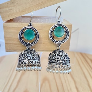 Silver Oxidized Jhumka Earrings,Mint,Black, Pink,Yellow Stone Jhumki Hook Fish Earrings,Indian Earrings,Indian Bollywood Jewelry,
