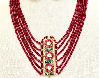 Pachi Kundan Multi Strand Necklace,Ruby-Green Color,Kemp Stone,Bridal Necklace,Indian Wedding Jewelry Set,Bollywood Long mala Earrings
