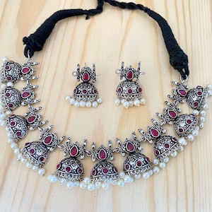 Oxidized Silver Jhumka Design Necklace,Lightweight Oxidized Jhumka Earrings,Ruby,Black,Green,Blue,Stone Necklace,Indian Bollywood Necklace