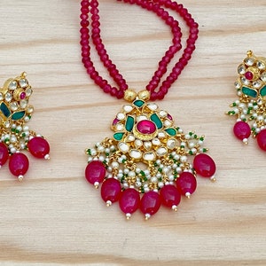 Pachi Kundan Jadau Necklace,Pachi Kundan Earrings,Rajasthani Jewelry,Sabyasachi Inspired Jewelry,Multi-color Kundan with Ruby Beads.
