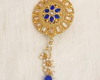 Gold Plated/Antique look,Floral Design Blue color Brooch, Saree Pin,LCT stone,Wedding Accessories,Traditional Pin,Maharashtrian/Pattu saree