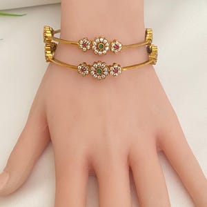 Indian Traditional Antique Gold Finish Bangles,Bollywood Wedding Jewelry, Ruby & Emerald Floral Design,Stone Studded Bangles.Chuddi for Her