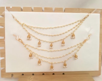 3 Layer Jhumka  Pearl Ear Chain | Dainty Kaan Chain | Padmavati/Bahubali Style, Sahara Hair Chain | Indian Bridal Ear Chain