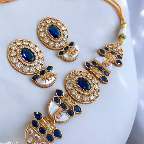 Polki Moissanite Fusion Choker Necklace,Stud Earrings,Gold Plated Antique Finish Indian Wedding set,Tiger icon