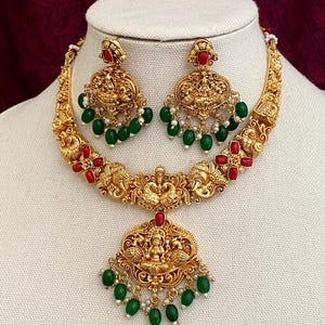 Antique Gold Finish Temple Jewelry,Lakshmi Necklace,Green Beads,Ruby Goddess Pendant,Festival Jewelry,South Indian Bollywood Bridal Set