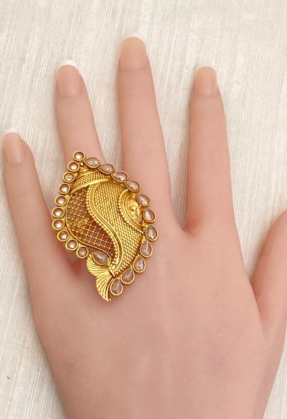 Gold Plated Adjustable Finger Ring Antique Finish Adjustable Indian Finger Ring Indian Wedding Jewelry Shankh Conch Design Finger Ring