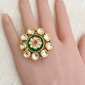 Gold Plated Round Shaped Kundan Ring,Adjustable Fashion Kundan Finger Ring,Green-Ruby Color Kundan Ring,Indian Jewelry,Pakistani Jewelry