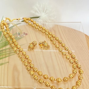 Matar Mala Long/Haram Necklace,Lightweight Jhumka Eaarrings,Gold Bead Necklace,South Indian Jewelry,Antique Bollywood Jewelry