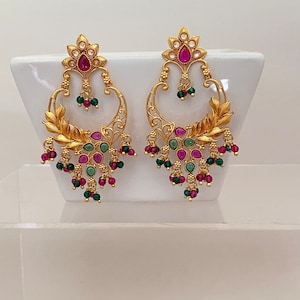 Gold Finish Light Chandbali Antique Earrings,Kemp Stone Chandbali Necklace,Indian Bollywood Jewelry,South Indian traditional Ethnic Earrings image 5