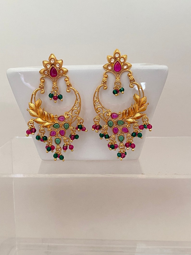 Gold Finish Light Chandbali Antique Earrings,Kemp Stone Chandbali Necklace,Indian Bollywood Jewelry,South Indian traditional Ethnic Earrings image 5