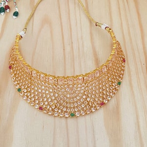 American Diamond (AD) Rose Gold Finish,Ruby-Green-Clear Stone Choker Necklace,Dangle & Drop earrings,Indian Bollywood Wedding/Party Set