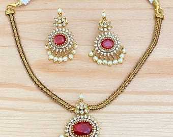 Gold Plated,Antique Finish,Ruby Stone Necklace with Dangle Earrings,Bollywood  Wedding/Party Necklace Pearl Danglers,South Indian Jewelry