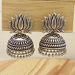 Silver Oxidized Jhumka Earrings,Green Stone Jhumki Earrings,Indian Earrings,Indian Bollywood Jewelry,Black Metal Earrings,