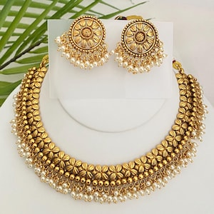 Gold Matte Finish Green Kemp Stone,Antique Finish,American Diamond,AD,Statement Necklace,Earrings,South Indian Jewelry,Bollywood Fashion Set