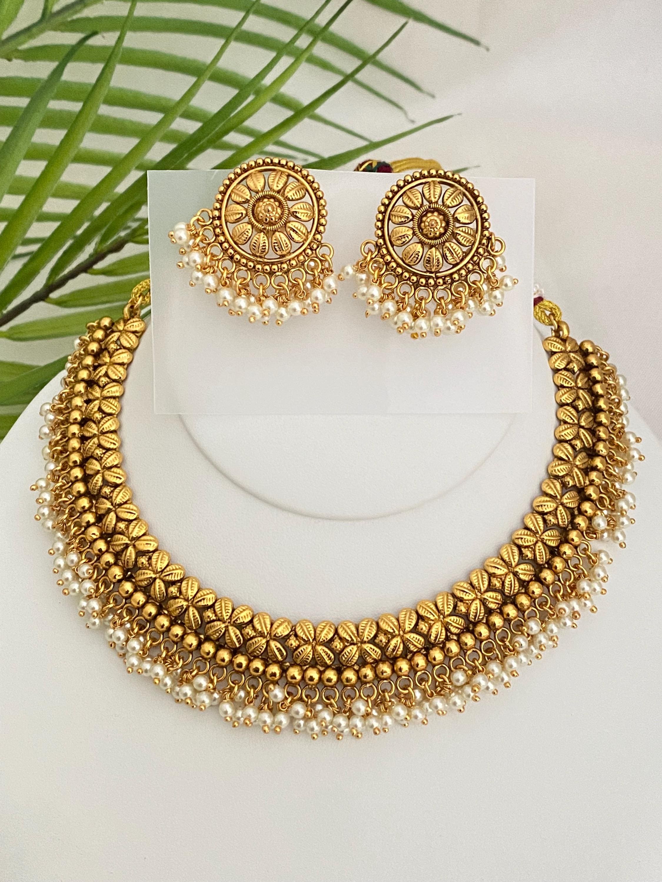 Gold Matte Finish Green Kemp Stone,Antique Finish,American Diamond,AD,Statement Necklace,Earrings,South Indian Jewelry,Bollywood Fashion Set