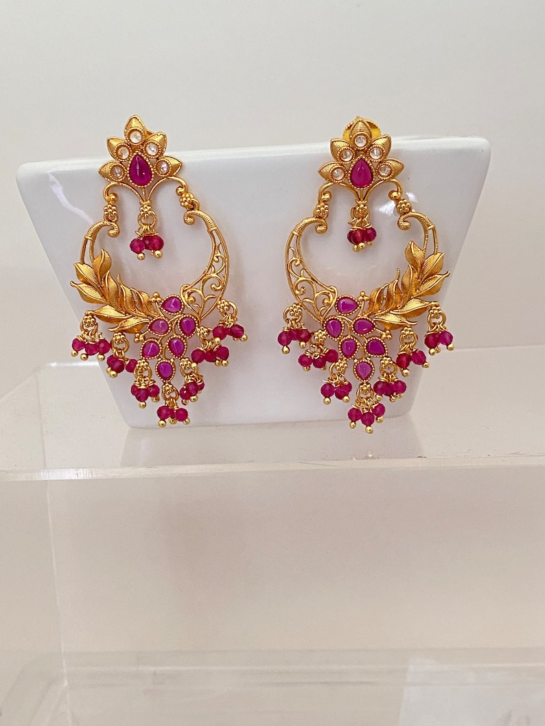 Gold Finish Light Chandbali Antique Earrings,Kemp Stone Chandbali Necklace,Indian Bollywood Jewelry,South Indian traditional Ethnic Earrings image 4