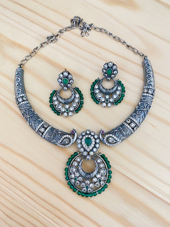 German Silver Oxidized Hasli Peacock Necklace,Chandbali,Jhumka Earrings,Green,Clear Stones Necklace,Indian Bollywood Silver Oxidized Jewelry