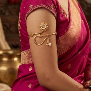 Gold Plated Bajubandh Armlet | Indian Bridal Vanki Upper Arm Cuff | Maharashtrian Wedding Jewelry | Adjustable South Indian Armband