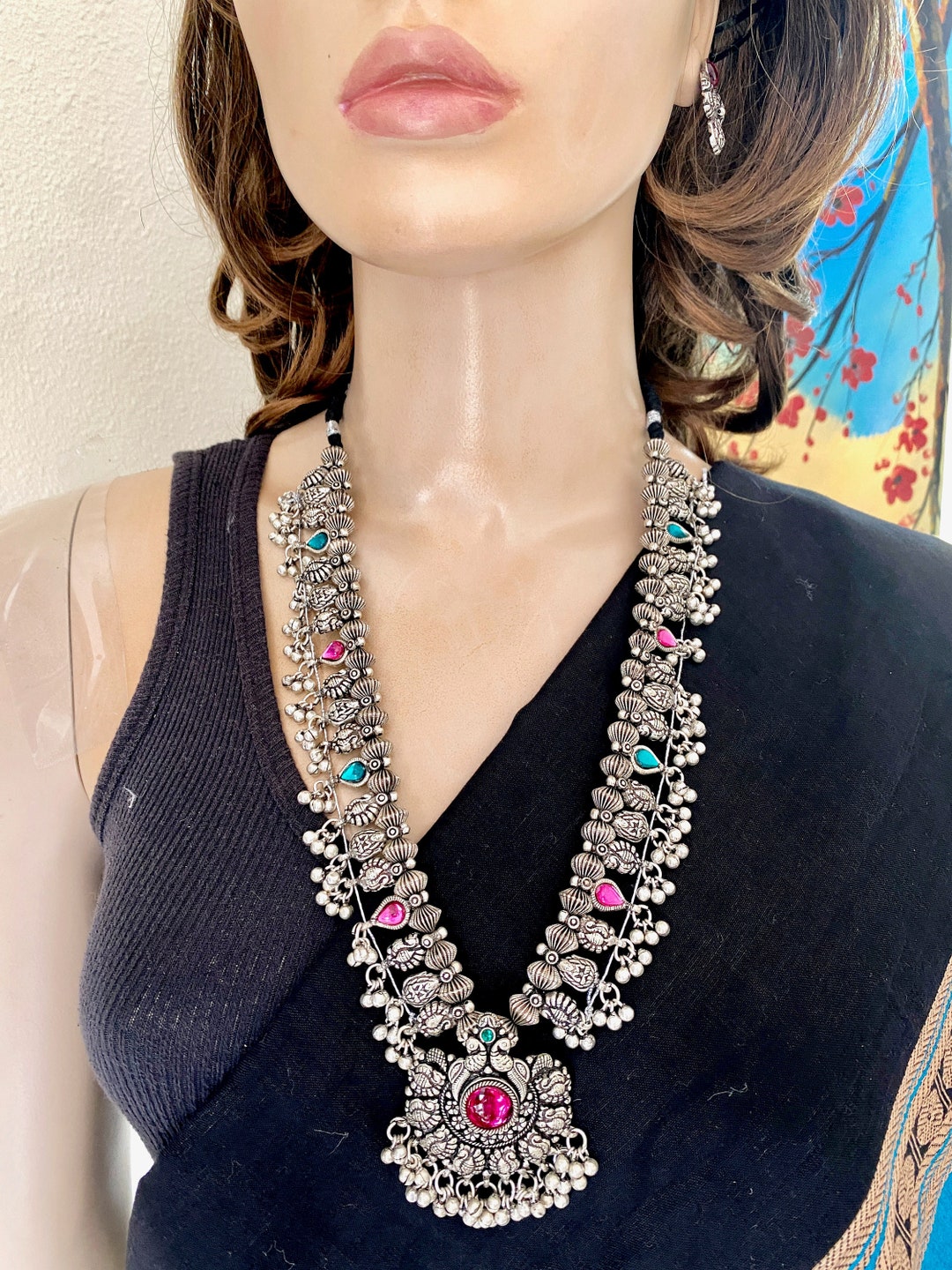 Kolhapuri Saaj,oxidized Long Necklace,lightweight Oxidized Stud