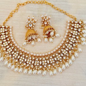 Polki Kundan Necklace Jhumka Earrings,Indian Wedding Jewelry,White Beads,Kundan Jewelry,Sabyasachi Inspired,Punjabi,Pakistani Wedding set